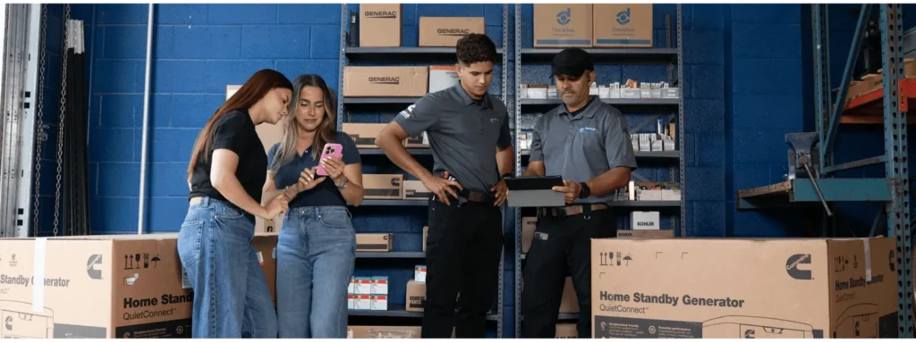 Back-Up Power Services team in the generator warehouse