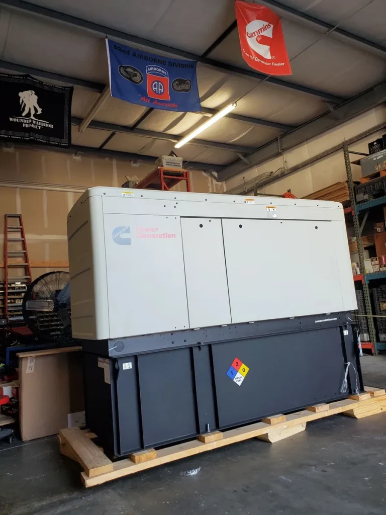 Cummins commercial generator on a pallet in the Back-Up Power Services warehouse