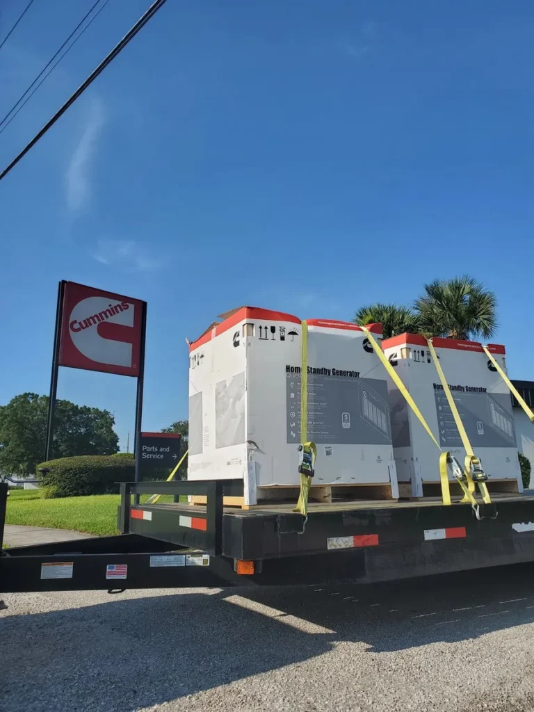 Cummins generators strapped on a trailer for delivery