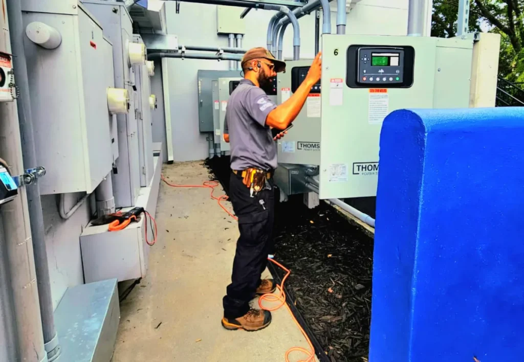 Back-Up Power Services technician checking generator control panels