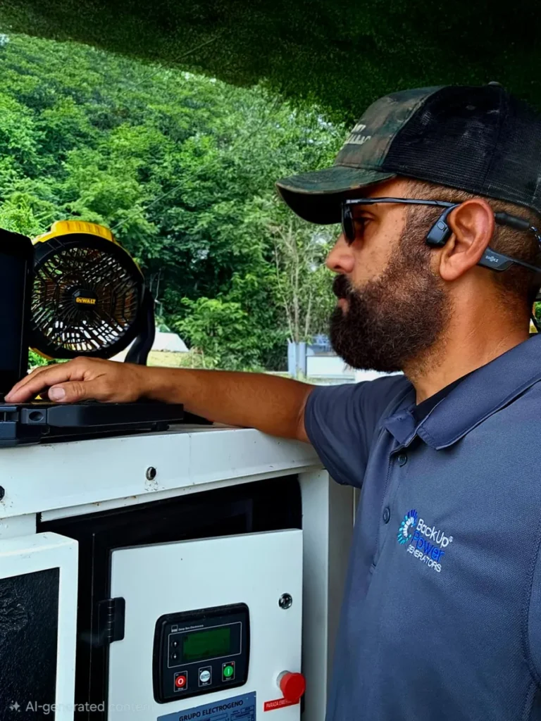 Back-Up Power Services technician checking a generator controller for remote monitoring