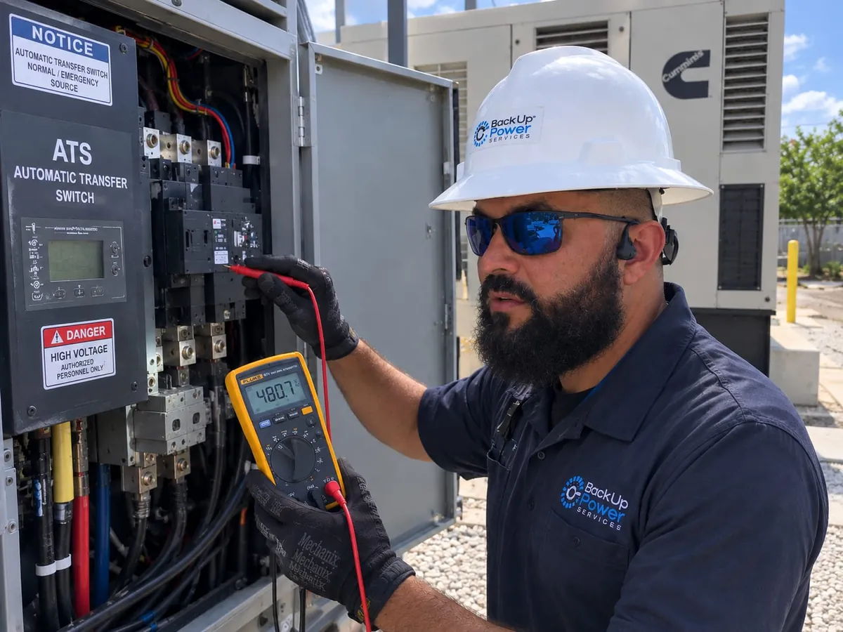 Technician testing an automatic transfer switch with a multimeter