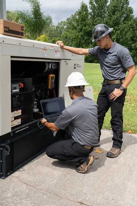 Back-Up Power Services technicians servicing a Cummins generator