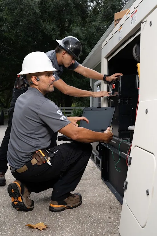 Back-Up Power Services technicians servicing an emergency generator