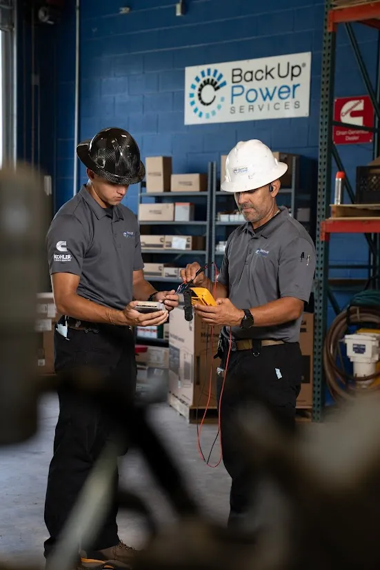 Back-Up Power Services technicians testing equipment in the shop